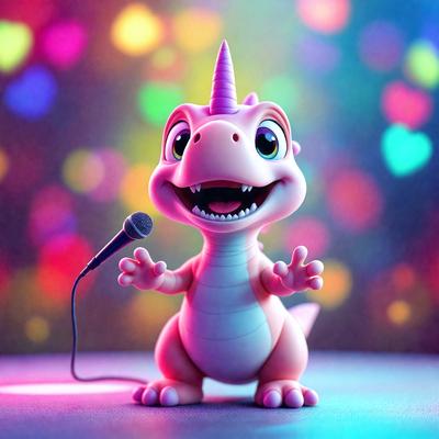 The primary subject of the image is a cartoon dinosaur character, specifically a pink and white unicorn dinosaur, standing on a stage and holding a microphone. The setting is a stage with a backdrop of colorful hearts, creating a lively and fun atmosphere. The visual style is a digital art or illustration, showcasing the character's unique design and the vibrant colors of the hearts in the background. The overall mood of the image is light-hearted and entertaining, with
